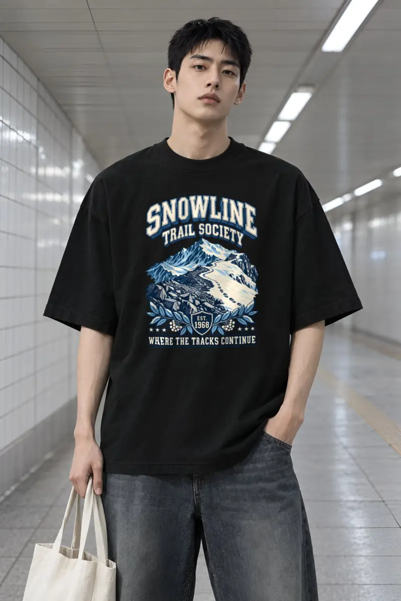 "Snowline Trail Society" Men's Oversized Heavyweight Crewneck T-Shirt