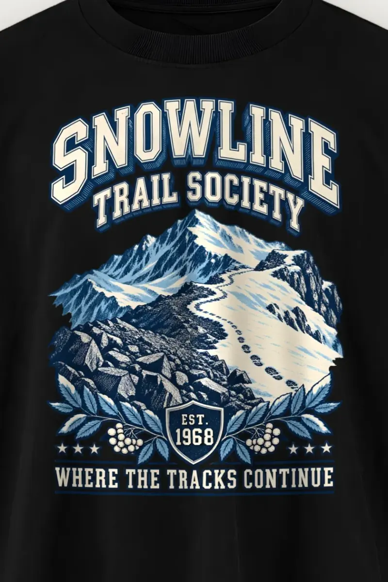 "Snowline Trail Society" Men’s Oversized Heavyweight Crewneck T-Shirt - the graphic up close