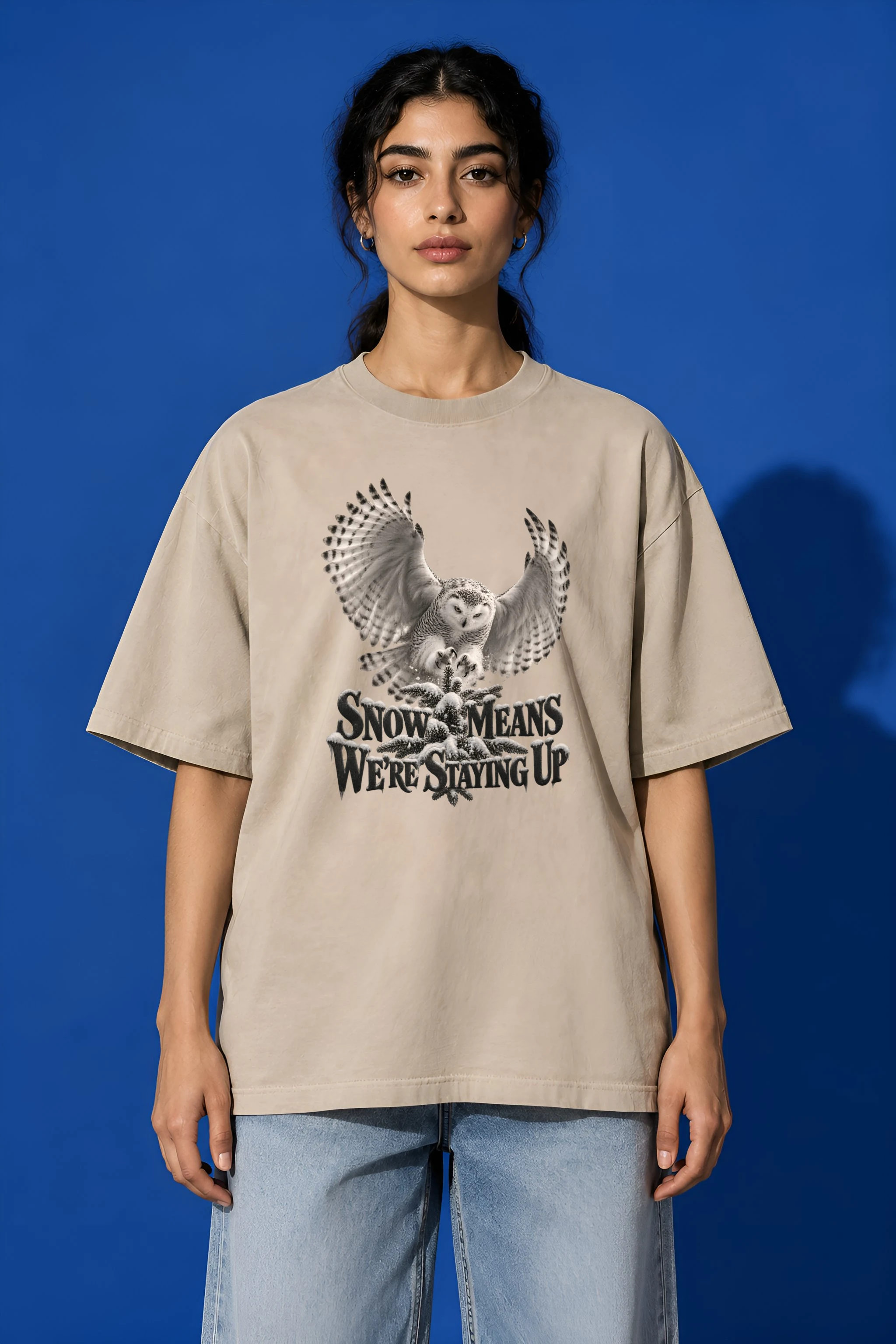 "Snowy Owl Vigil" Unisex Oversized Heavyweight Crewneck T-Shirt