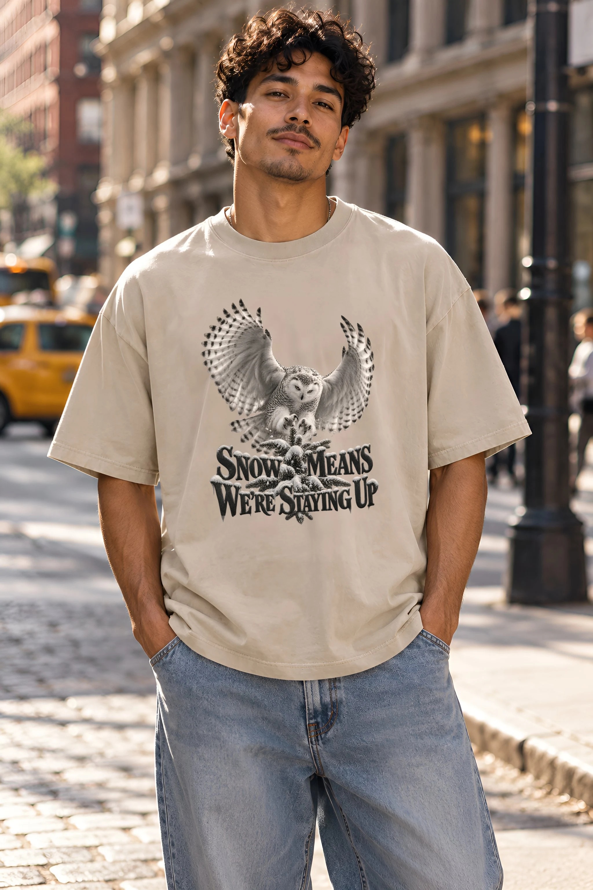 "Snowy Owl Vigil" Unisex Oversized Heavyweight Crewneck T-Shirt