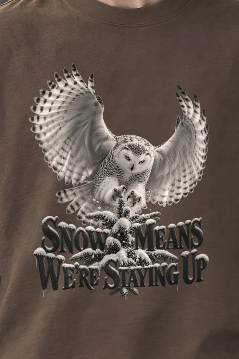 "Snowy Owl Vigil" Unisex Oversized Heavyweight Crewneck T-Shirt - the graphic up close