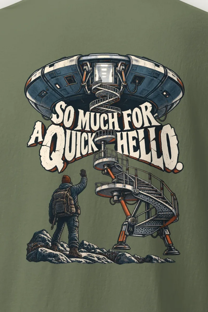 "So Much for a Quick Hello" Heavyweight Unisex Crewneck T-shirt - the graphic up close
