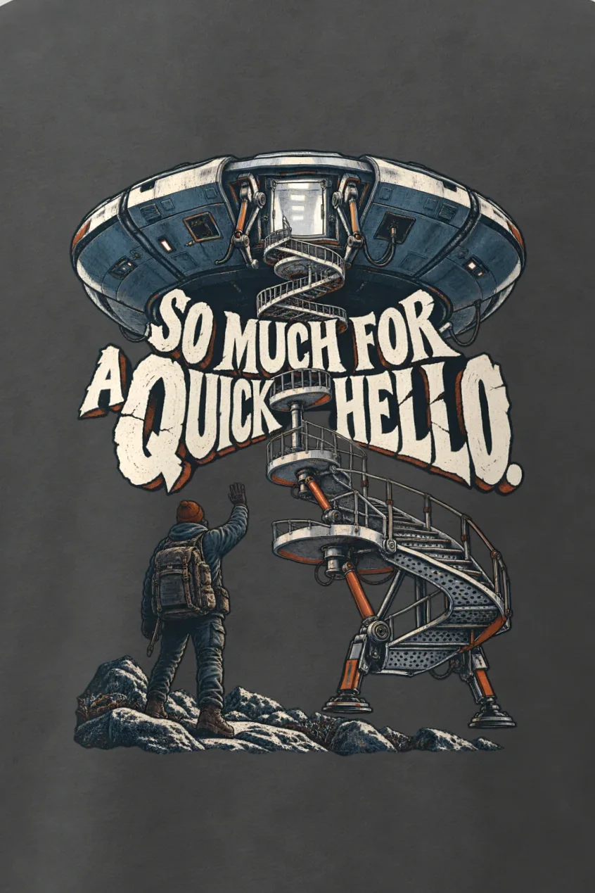 "So Much for a Quick Hello" Men’s Oversized Heavyweight Crewneck T-Shirt - the graphic up close