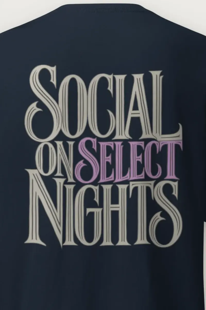 "Social on Select Nights" Heavyweight Unisex Crewneck T-shirt - the graphic up close