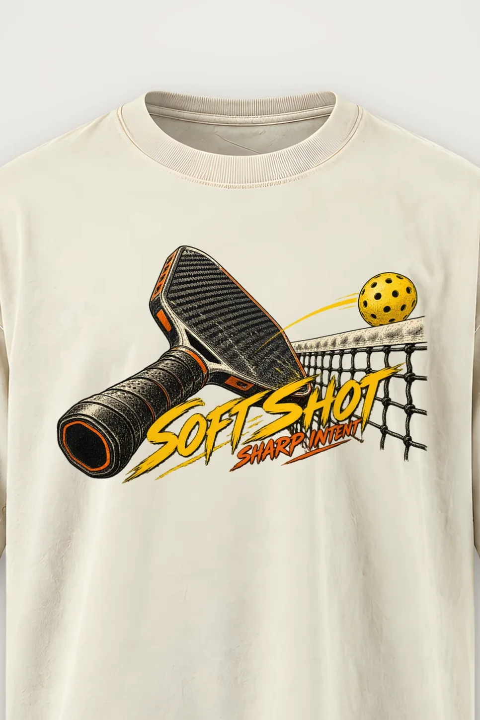 "Soft Shot Sharp Intent" Men’s Oversized Heavyweight Crewneck T-Shirt - the graphic up close