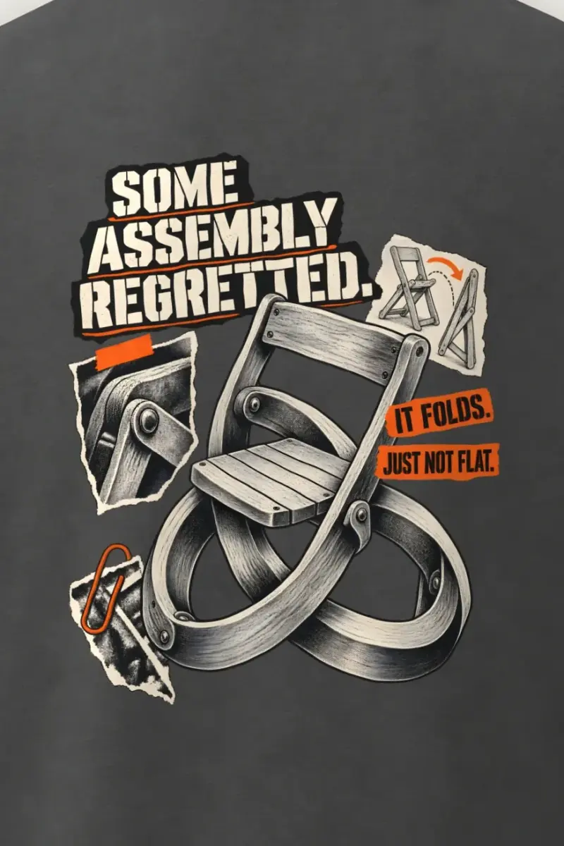 "Some Assembly Regretted" Men’s Oversized Heavyweight Crewneck T-Shirt - the graphic up close
