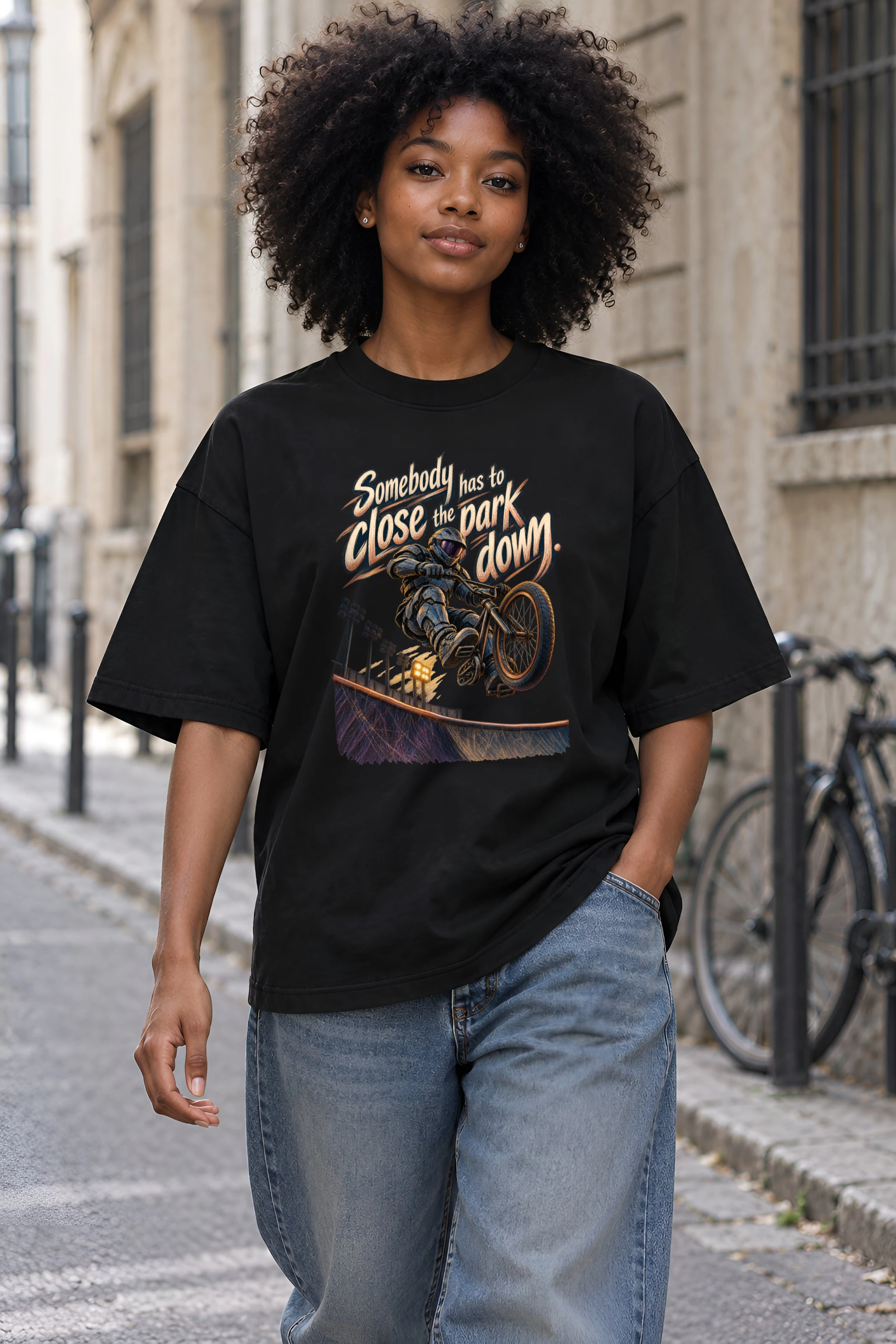 "Somebody Has to Close the Park Down" Unisex Oversized Heavyweight Crewneck T-Shirt