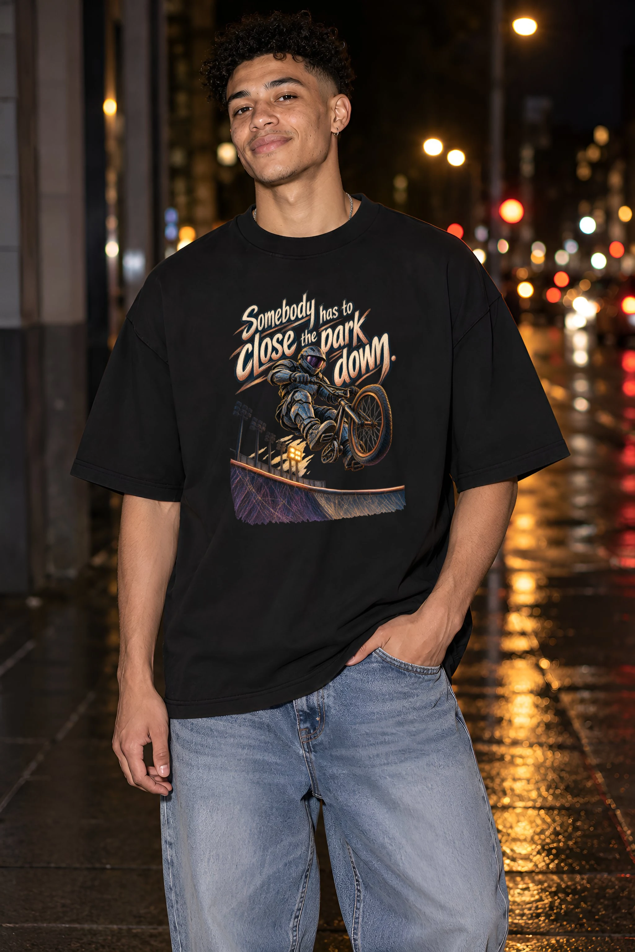 "Somebody Has to Close the Park Down" Unisex Oversized Heavyweight Crewneck T-Shirt