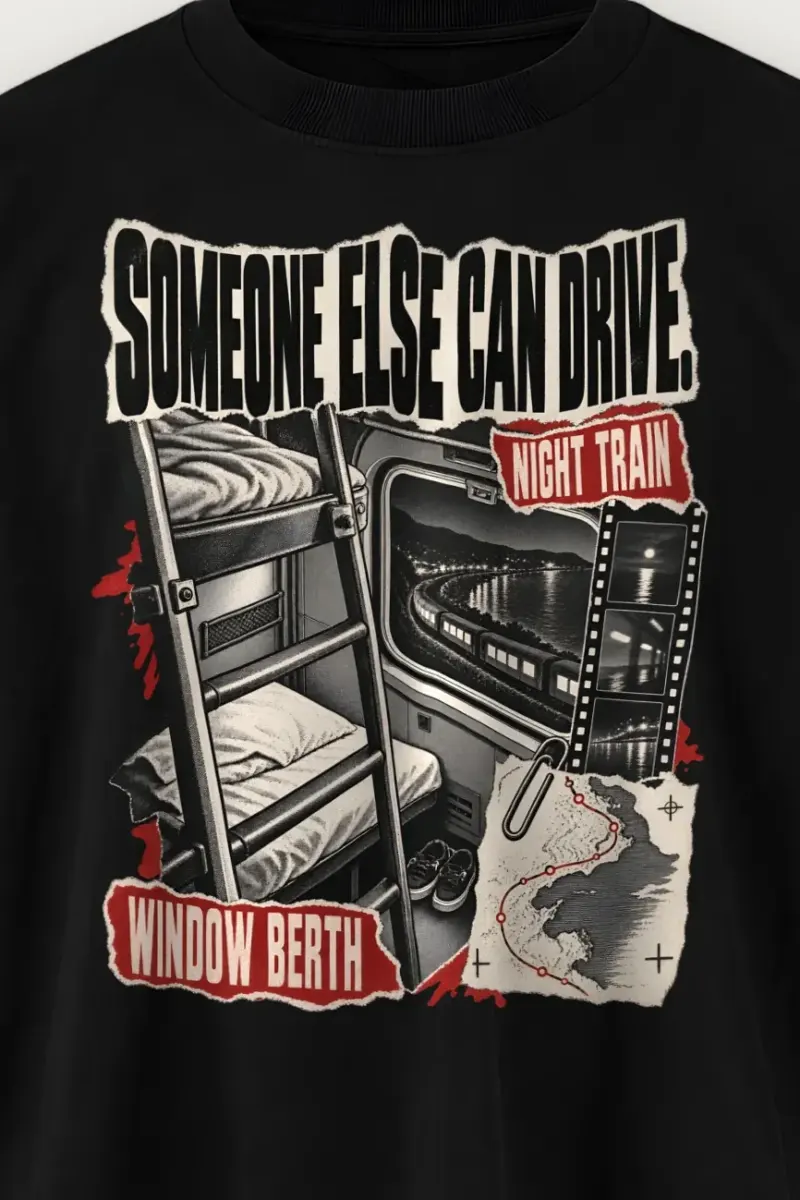 "Someone Else Can Drive" Men’s Oversized Heavyweight Crewneck T-Shirt - the graphic up close