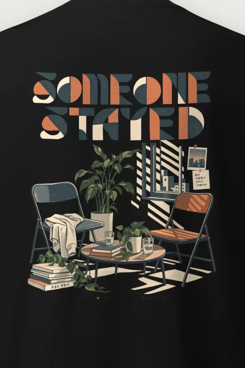 "Someone Stayed" Heavyweight Unisex Crewneck T-shirt - the graphic up close