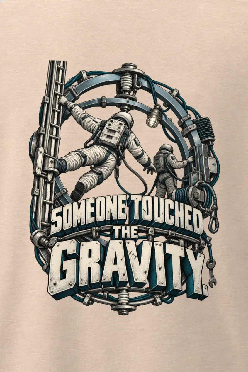 "Someone Touched the Gravity" Men’s Oversized Heavyweight Crewneck T-Shirt - the graphic up close