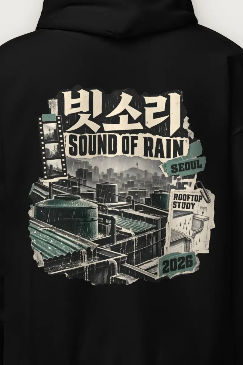 "Sound of Rain Rooftop Study" Heavy Blend Unisex Pullover Hoodie - the graphic up close