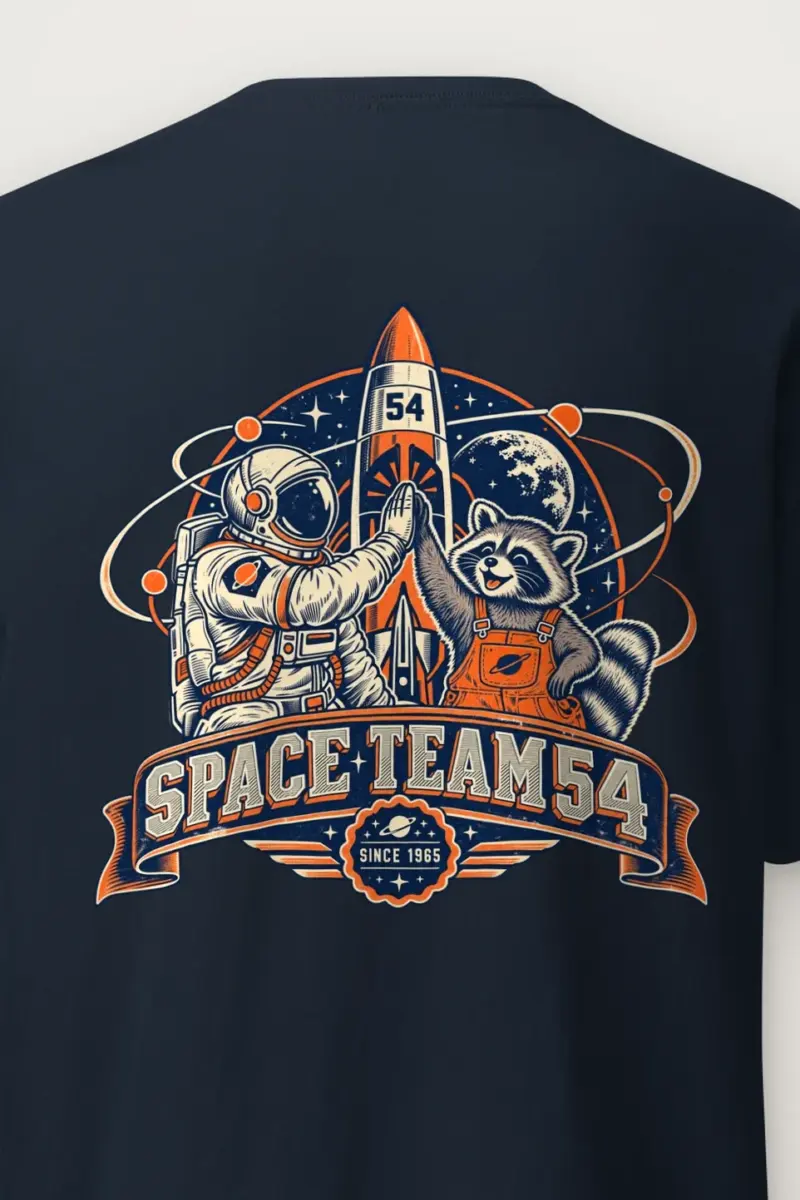 "Space Team 54 Since 1965" Heavyweight Unisex Crewneck T-shirt - the graphic up close