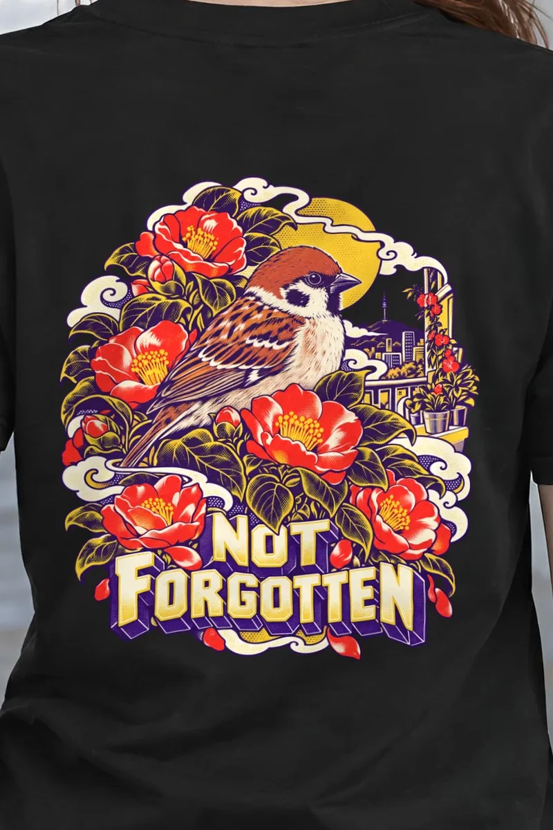"Sparrow and Camellia Balcony" Heavyweight Unisex Crewneck T-shirt - the graphic up close