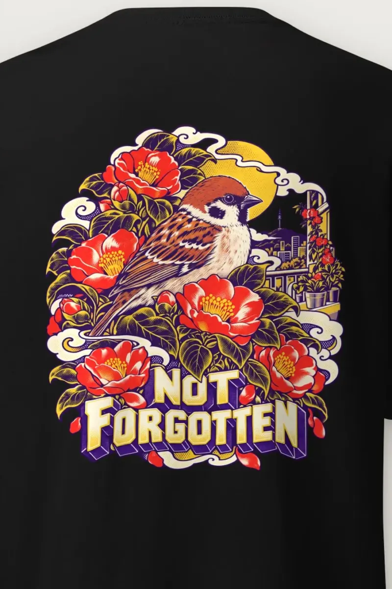 "Sparrow and Camellia Balcony" Heavyweight Unisex Crewneck T-shirt - the graphic up close