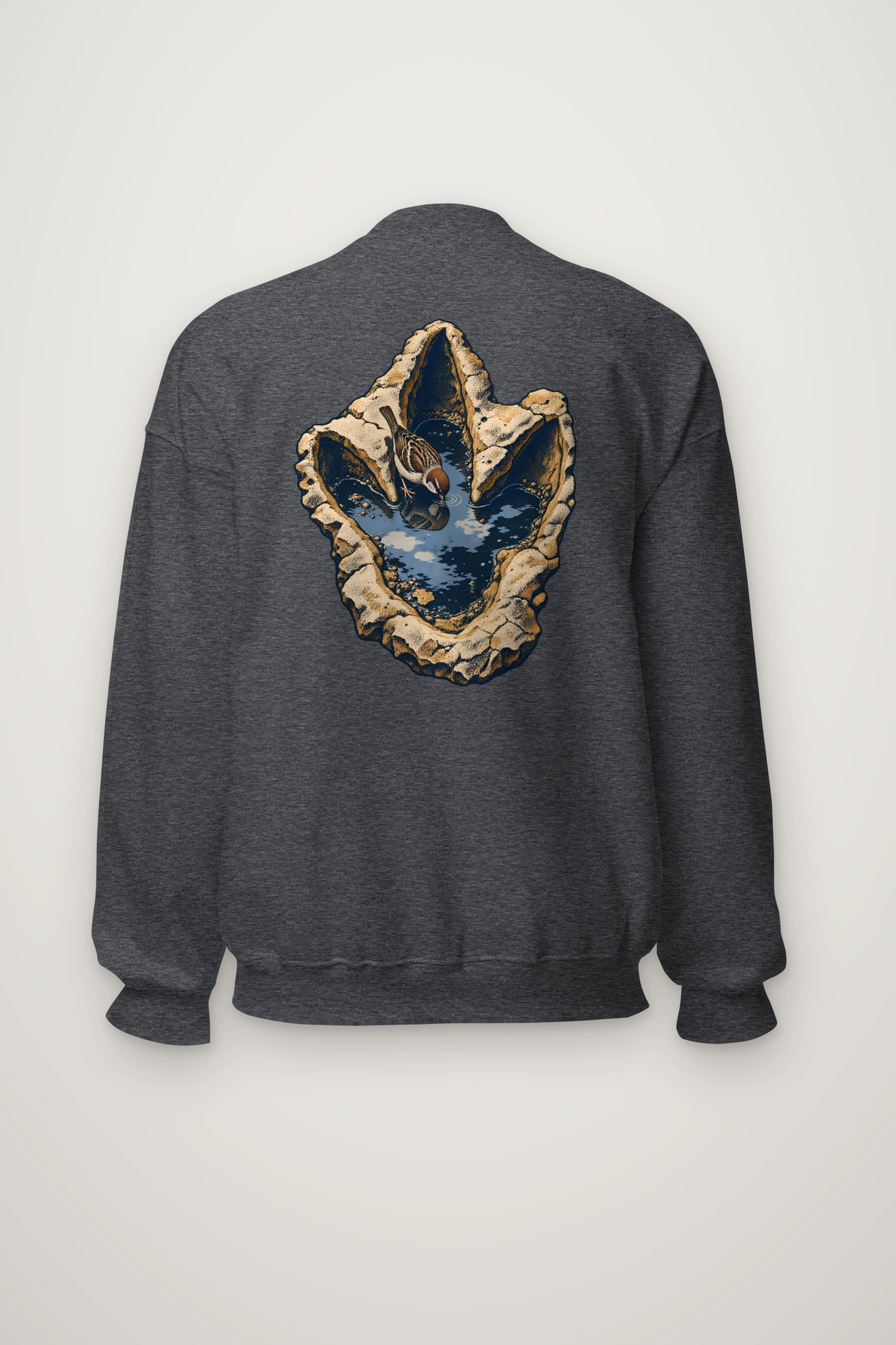 "Sparrow at the Dinosaur Footprint" Heavy Blend Unisex Crewneck Sweatshirt