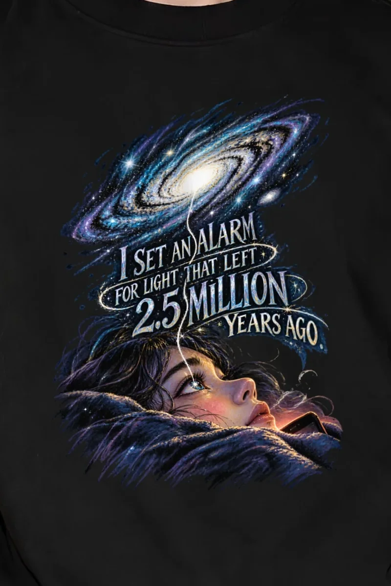 "Spiral Galaxy Alarm" Unisex Oversized Heavyweight Crewneck T-Shirt - the graphic up close