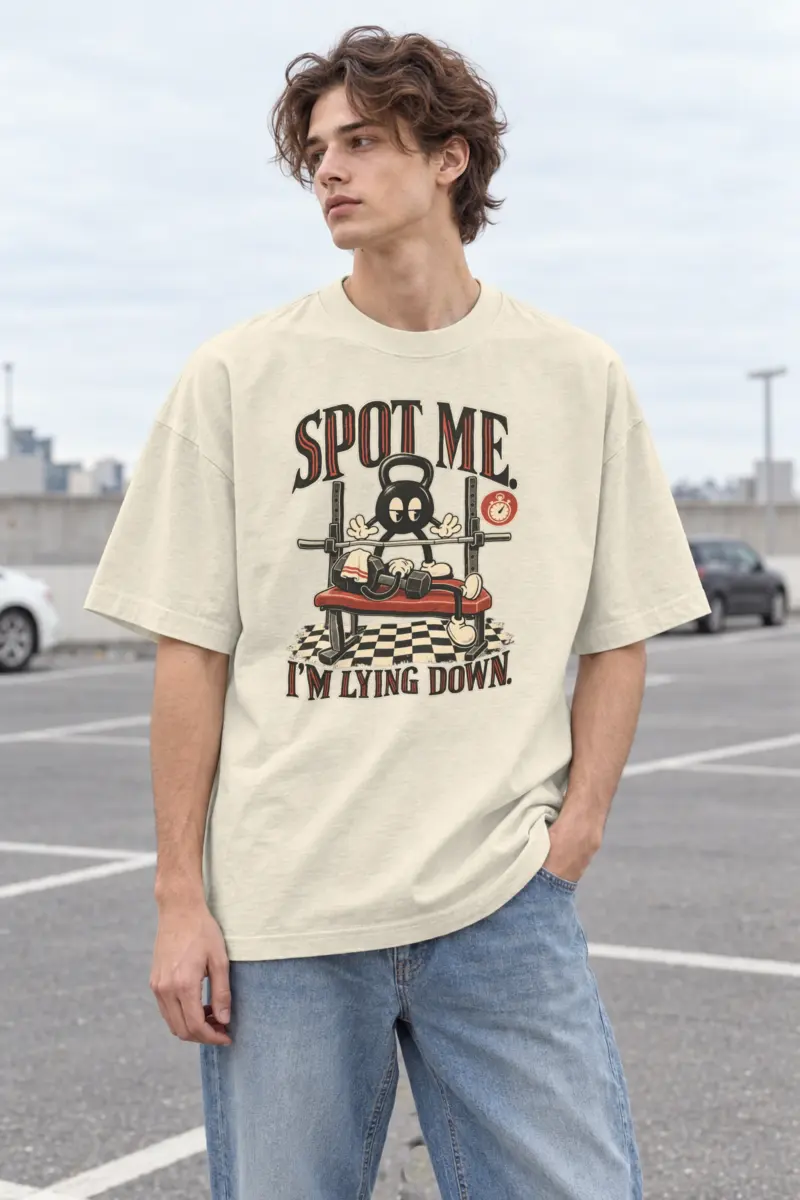 "SPOT ME. I'M LYING DOWN." Men's Oversized Heavyweight Crewneck T-Shirt