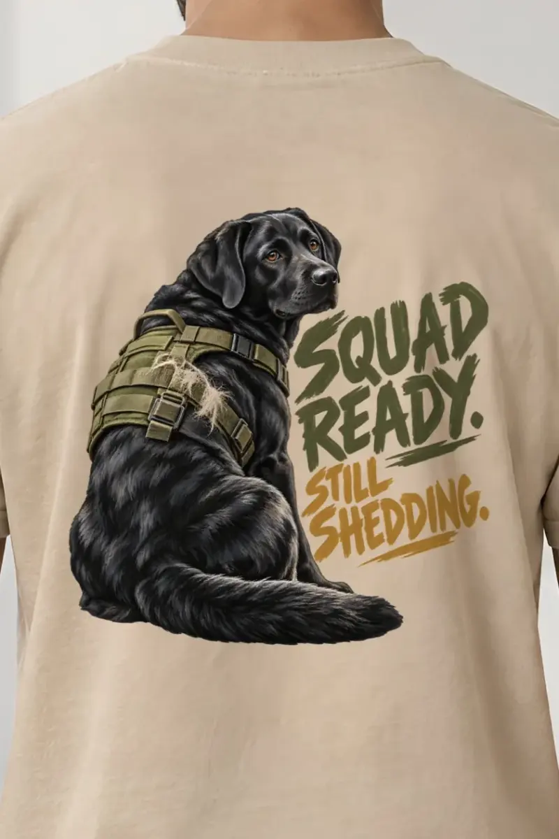 "Squad Ready, Still Shedding" Heavyweight Unisex Crewneck T-shirt - the graphic up close