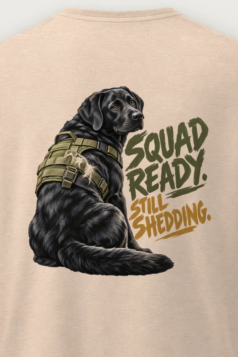 "Squad Ready, Still Shedding" Men’s Oversized Heavyweight Crewneck T-Shirt - the graphic up close