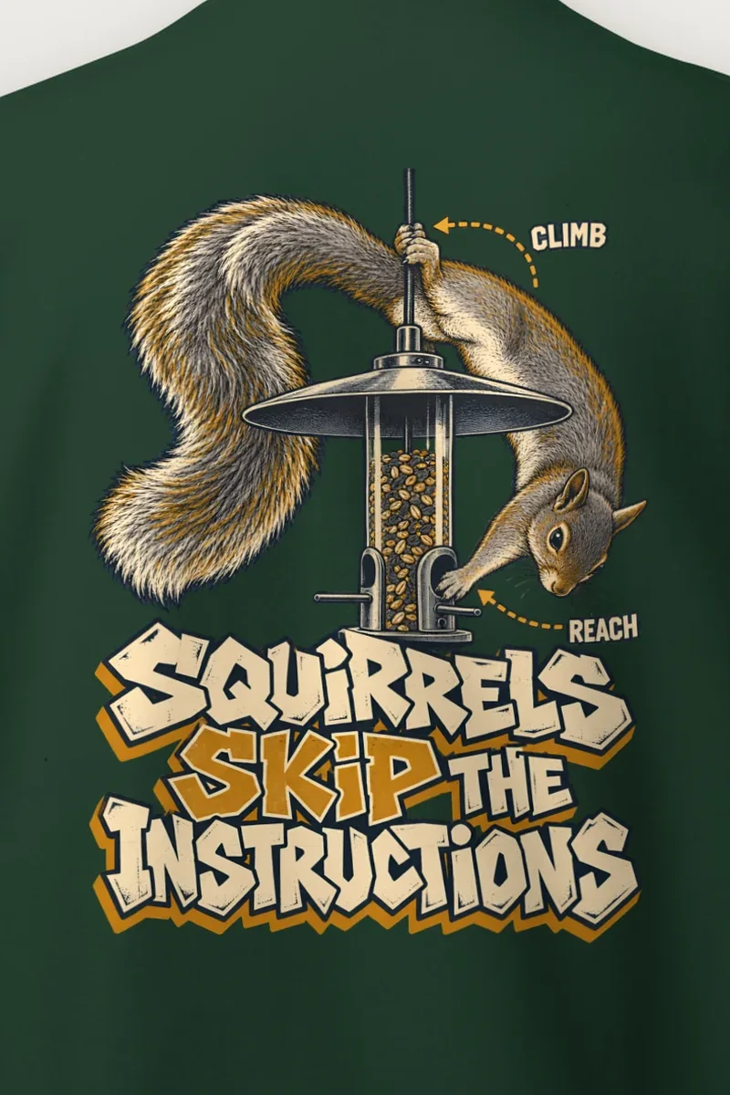 "Squirrels Skip the Instructions" Heavy Blend Unisex Crewneck Sweatshirt - the graphic up close