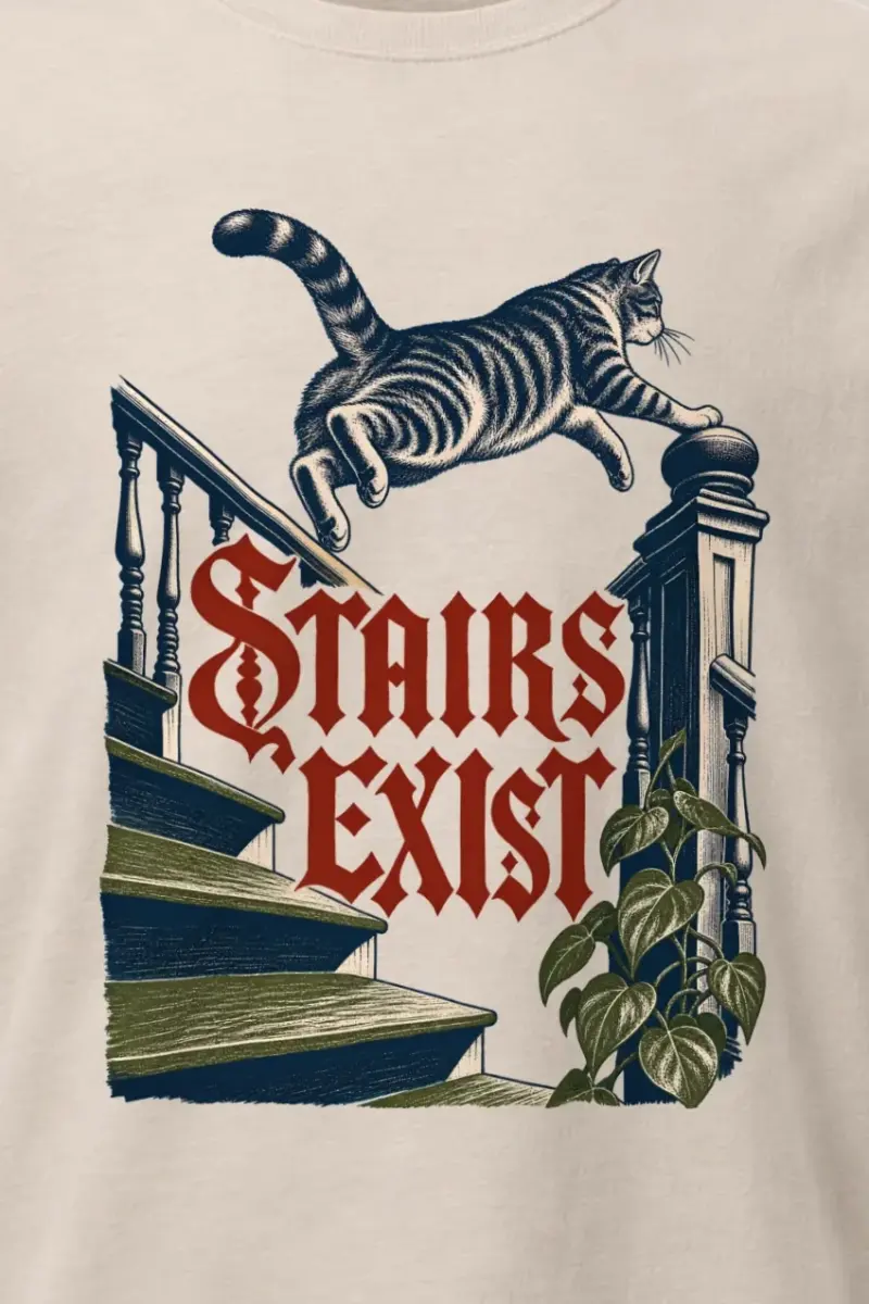 "Stairs Exist" Heavyweight Unisex Crewneck T-shirt - the graphic up close