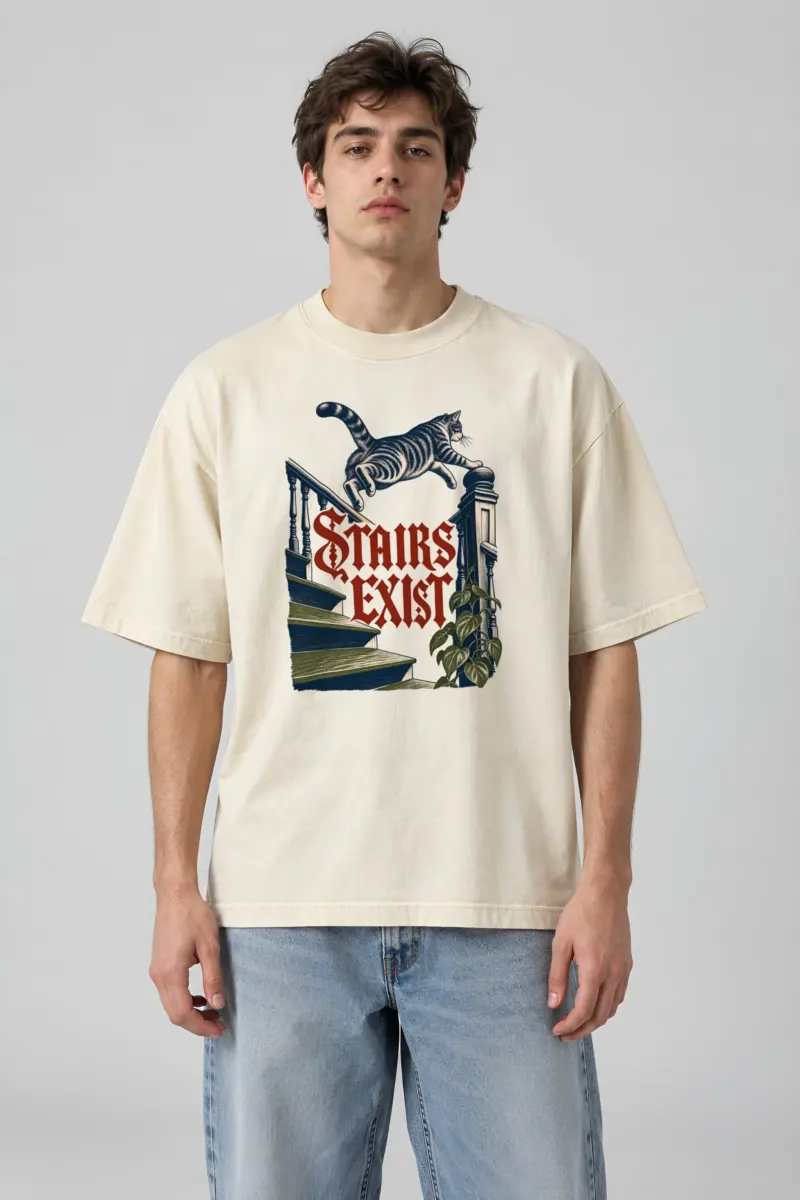 "STAIRS EXIST" Unisex Oversized Heavyweight Crewneck T-Shirt