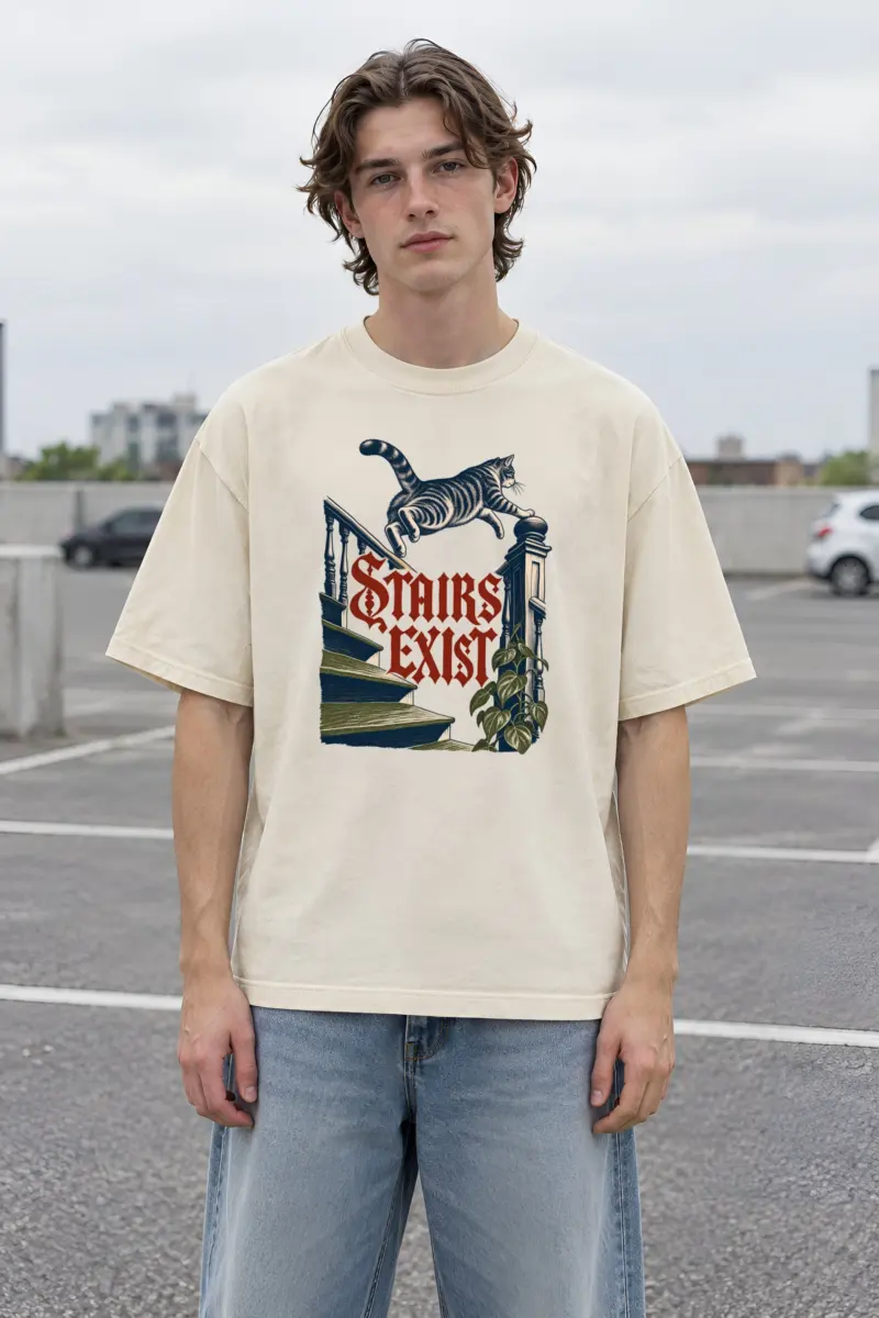 "STAIRS EXIST" Men's Oversized Heavyweight Crewneck T-Shirt