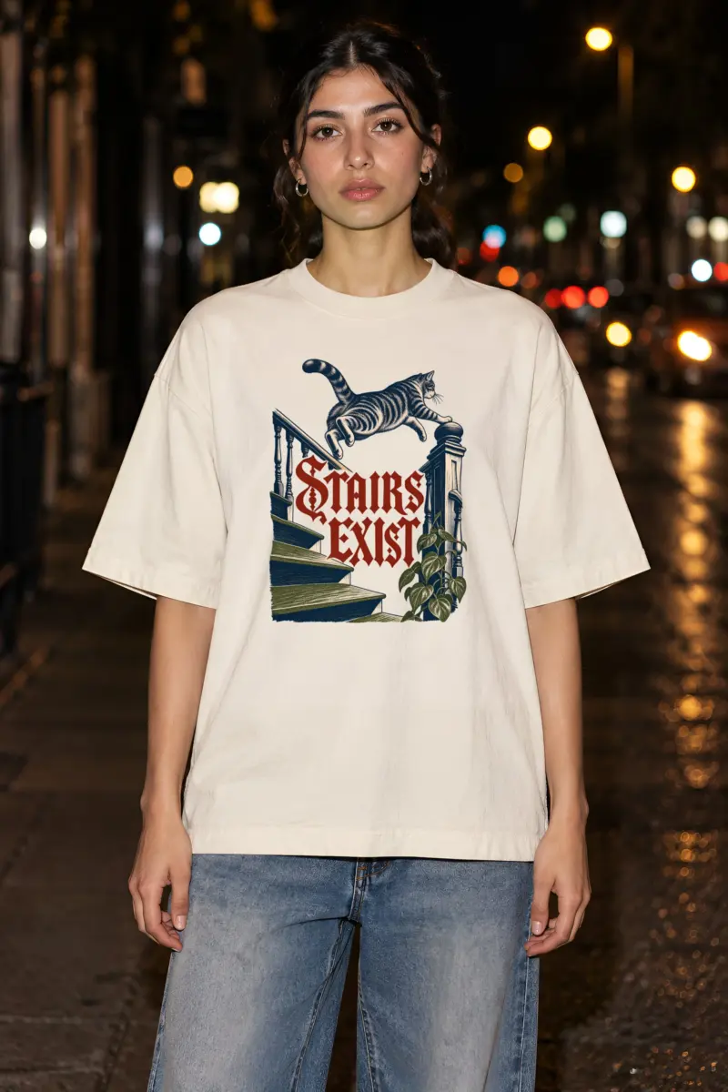 "STAIRS EXIST" Unisex Oversized Heavyweight Crewneck T-Shirt