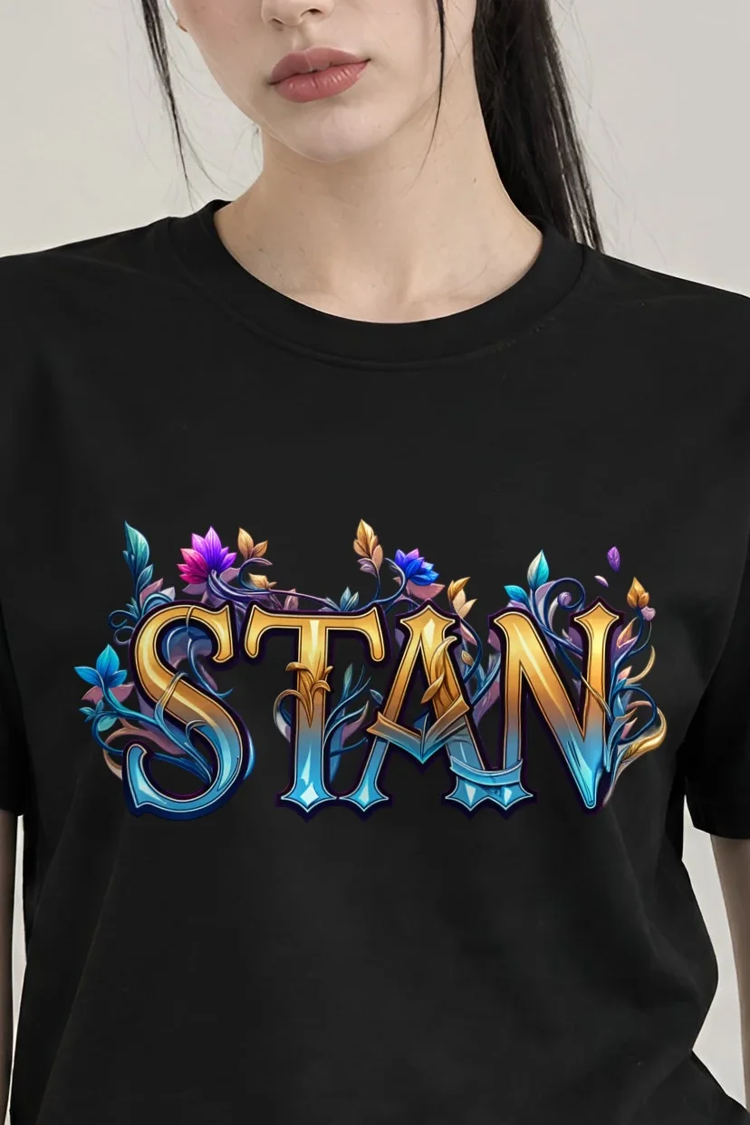 "Stan Floral Script" Heavyweight Unisex Crewneck T-shirt - the graphic up close