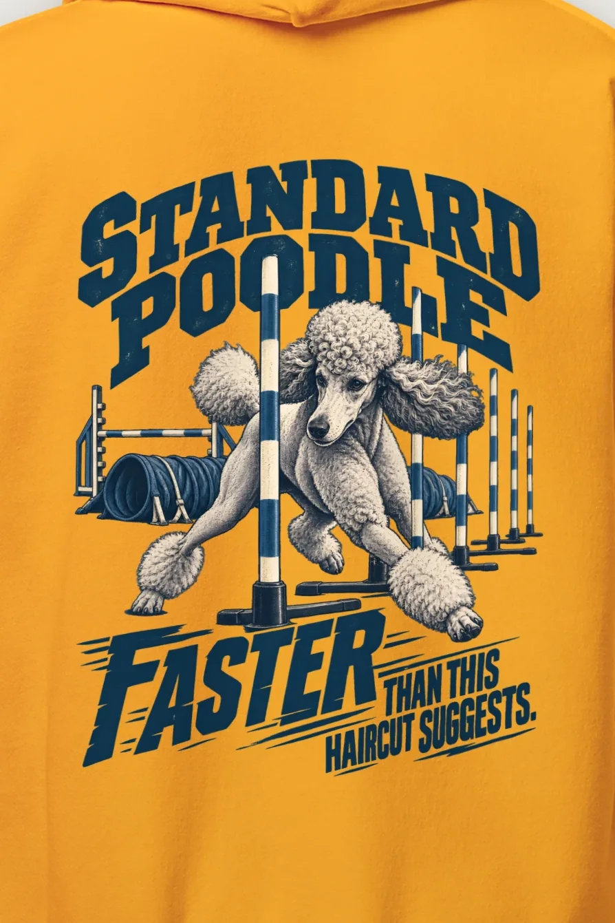 "Standard Poodle Faster" Heavy Blend Unisex Pullover Hoodie - the graphic up close