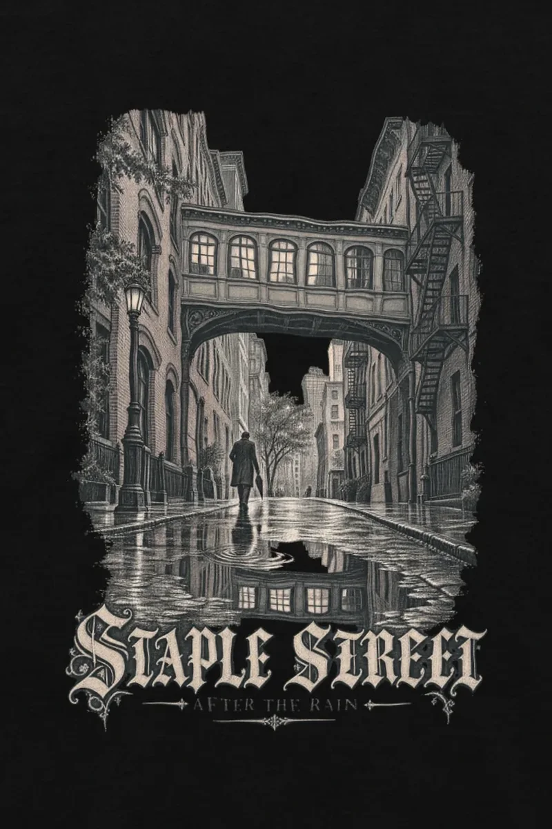 "STAPLE STREET AFTER THE RAIN" Unisex Longsleeve T-shirt - the graphic up close