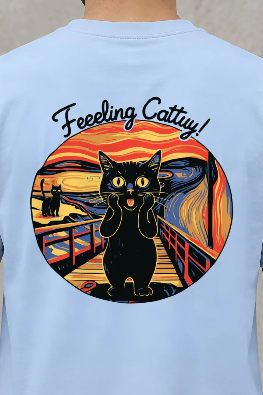 "Startled Sunset Cat" Heavyweight Unisex Crewneck T-shirt - the graphic up close