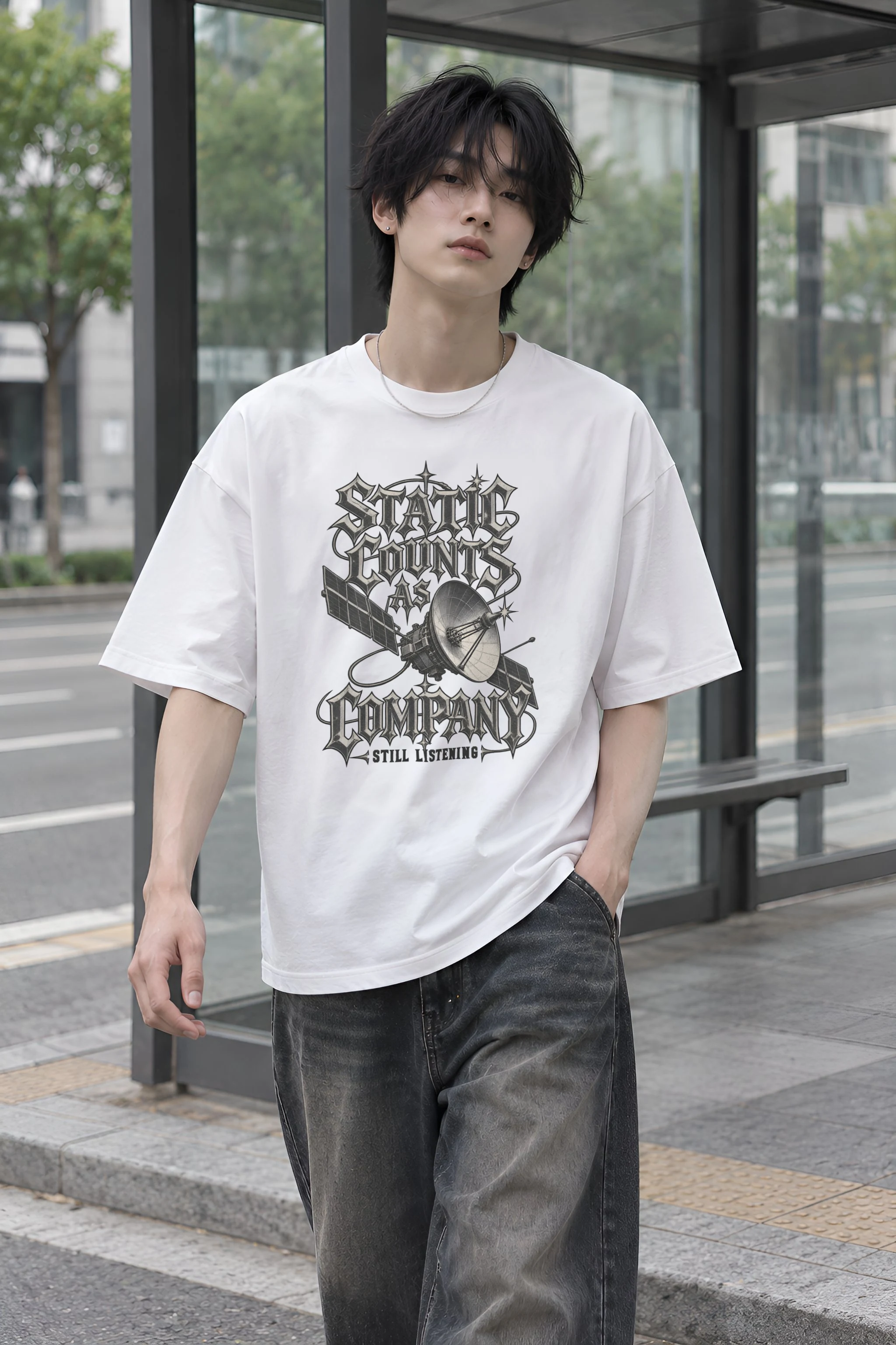 "Static Counts as Company" Men's Oversized Heavyweight Crewneck T-Shirt