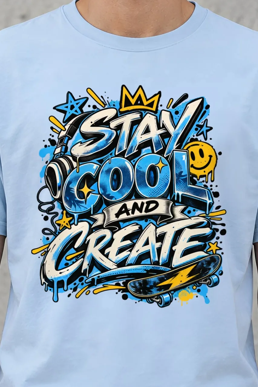 "Blue Graffiti Lettering" Heavyweight Unisex Crewneck T-shirt - the graphic up close