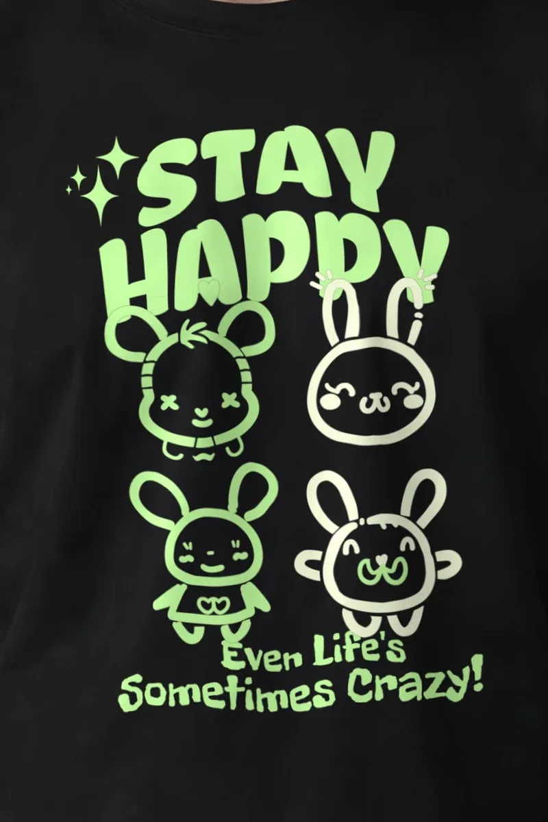 "Stay Happy Bunnies" Heavyweight Unisex Crewneck T-shirt - the graphic up close