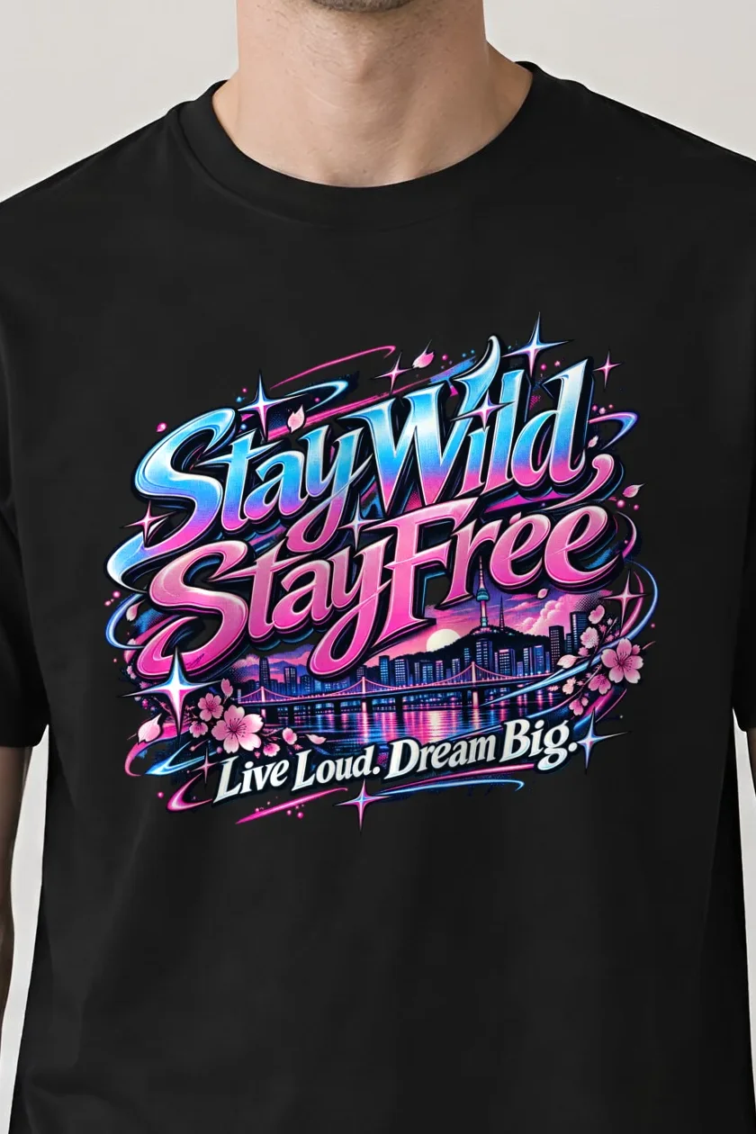 "Stay Wild, Stay Free" Heavyweight Unisex Crewneck T-shirt - the graphic up close