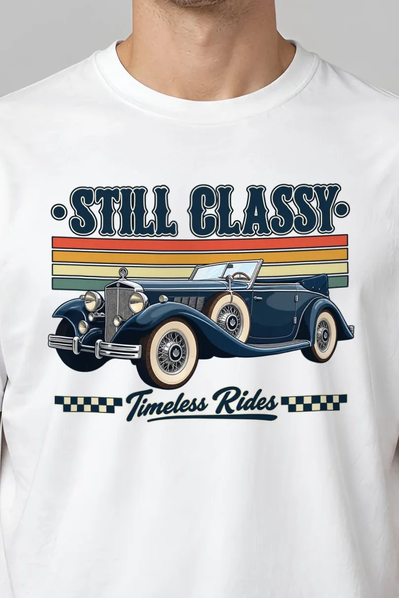 "Still Classy" Heavyweight Unisex Crewneck T-shirt - the graphic up close