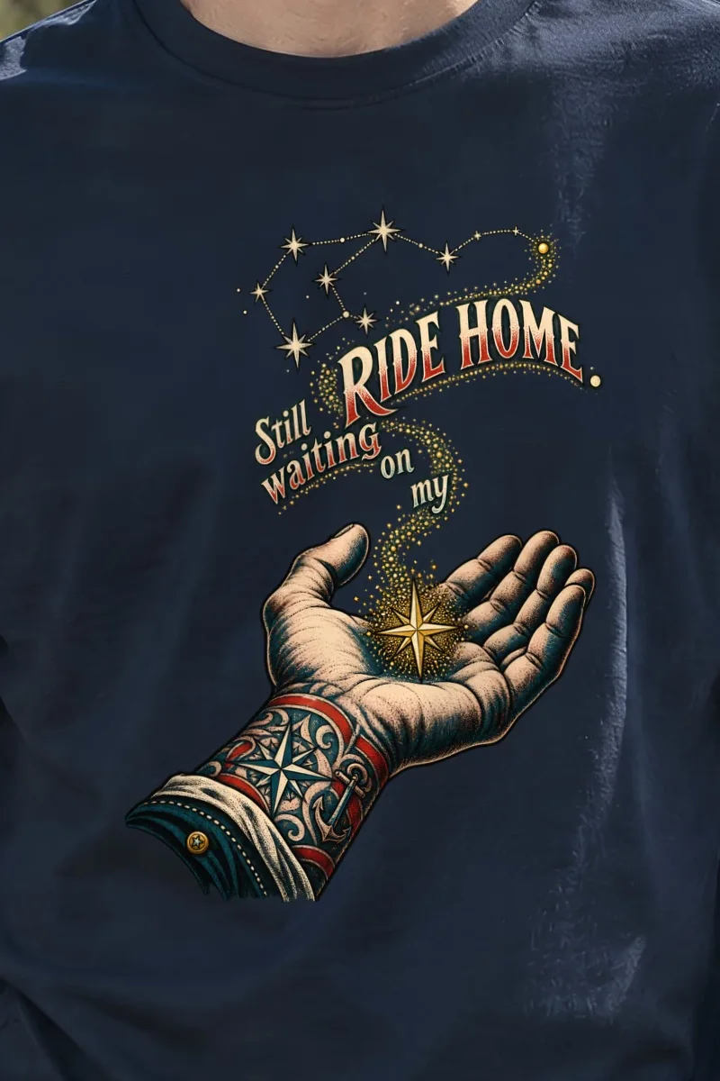 "Still Waiting on My Ride Home" Heavyweight Unisex Crewneck T-shirt - the graphic up close