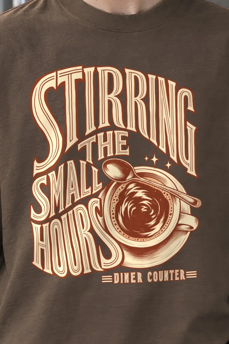 "Stirring the Small Hours" Men’s Oversized Heavyweight Crewneck T-Shirt - the graphic up close