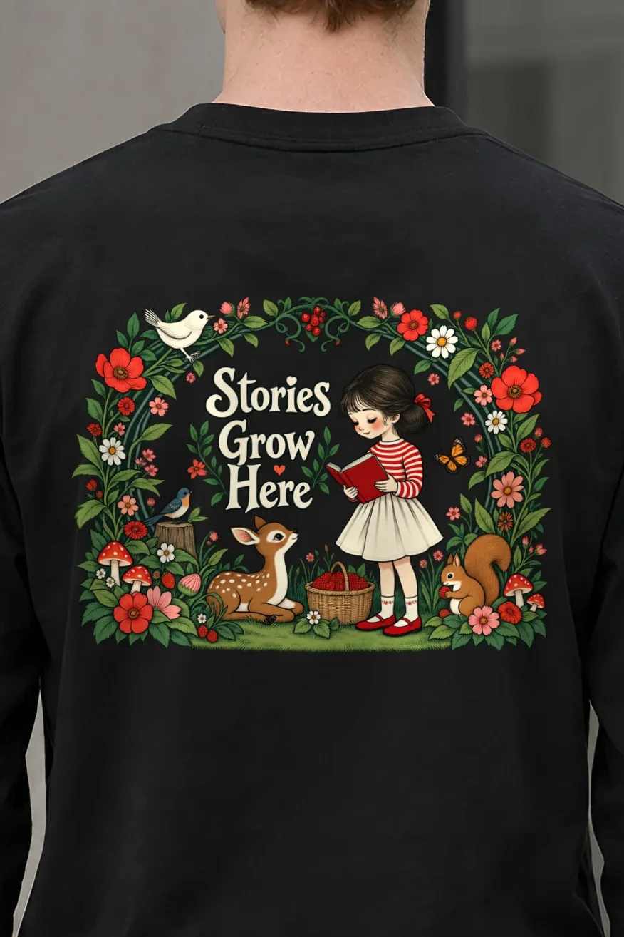 "Stories Grow Here" Unisex Longsleeve T-shirt - the graphic up close
