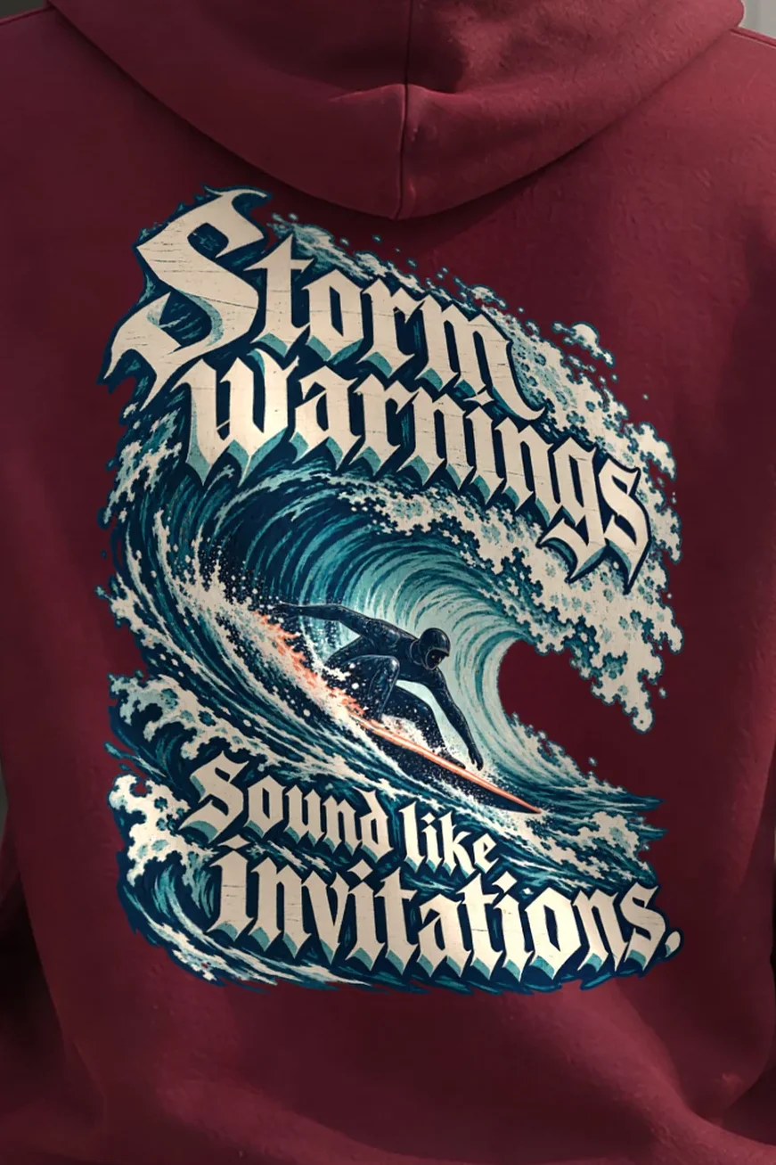 "Storm Warnings Sound Like Invitations" Unisex Pullover Hoodie - the graphic up close
