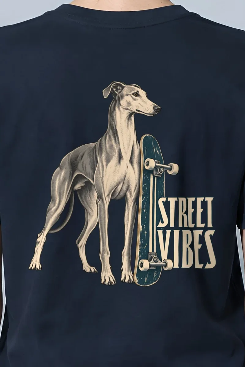 "Street Vibes Greyhound" Heavyweight Unisex Crewneck T-shirt - the graphic up close