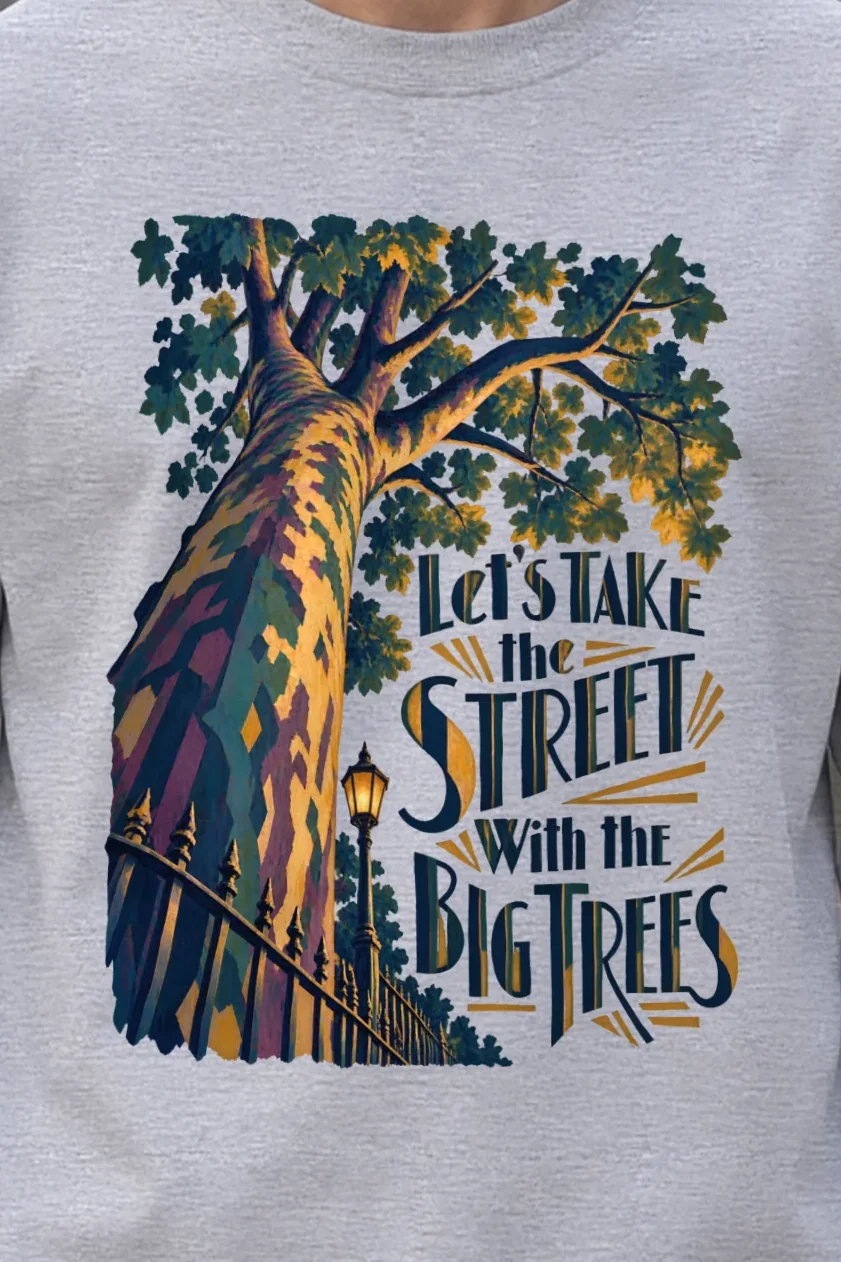"Street With Big Trees" Unisex Longsleeve T-shirt - the graphic up close