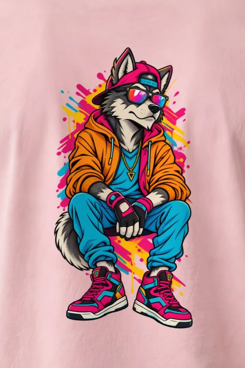 "Streetwear Wolf" Heavyweight Unisex Crewneck T-shirt - the graphic up close