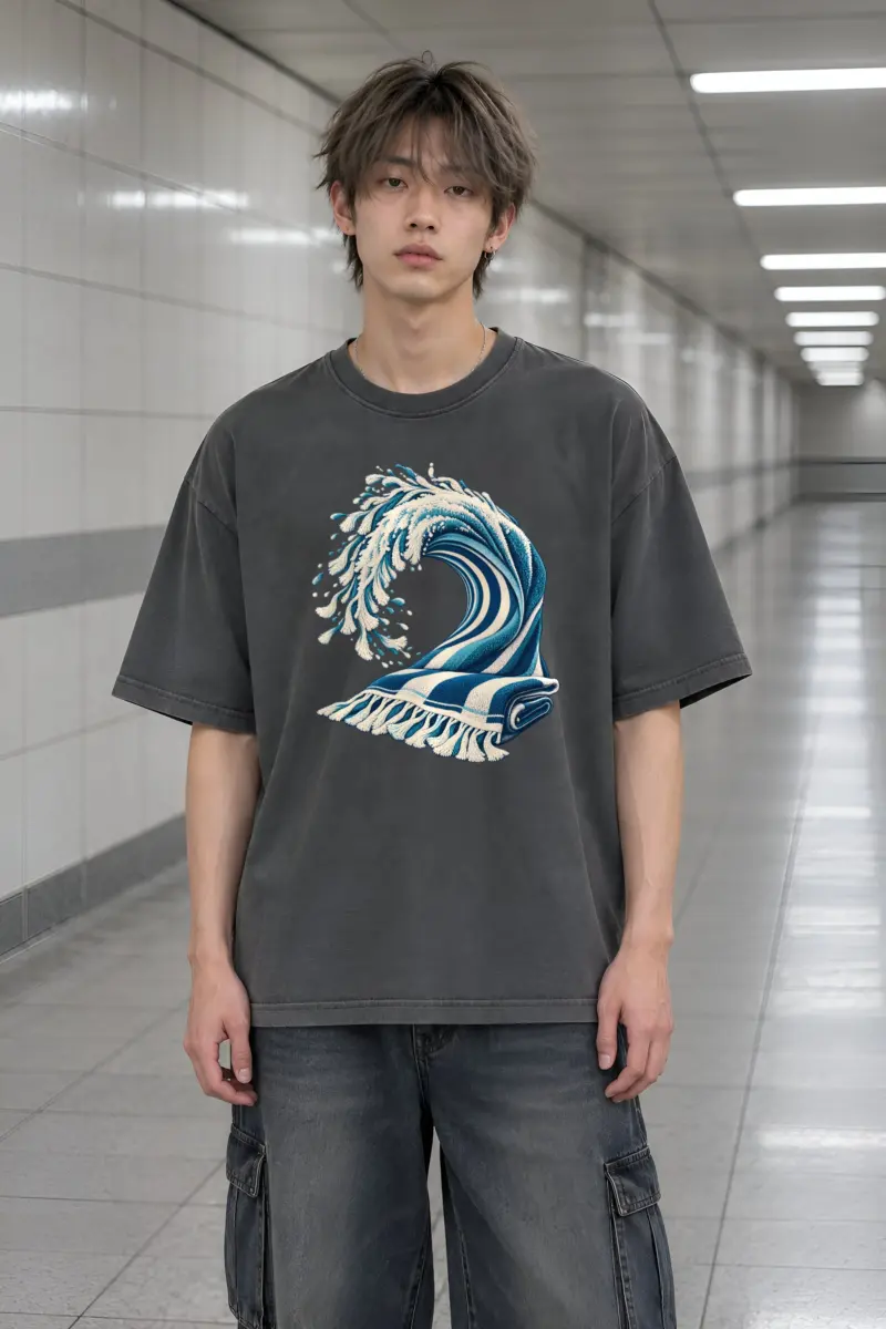 “Striped Towel Wave” Men’s Oversized Heavyweight Crewneck T-Shirt