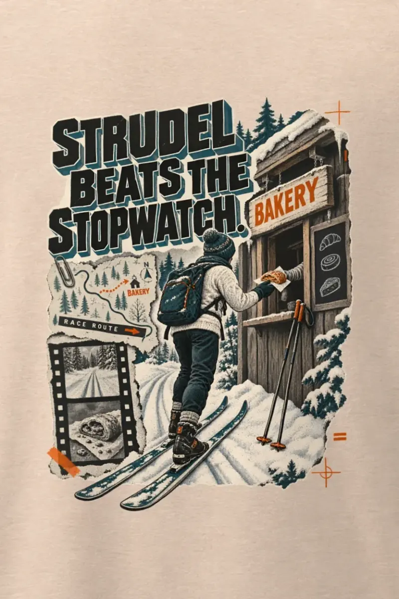 "Strudel Beats The Stopwatch" Men’s Oversized Heavyweight Crewneck T-Shirt - the graphic up close