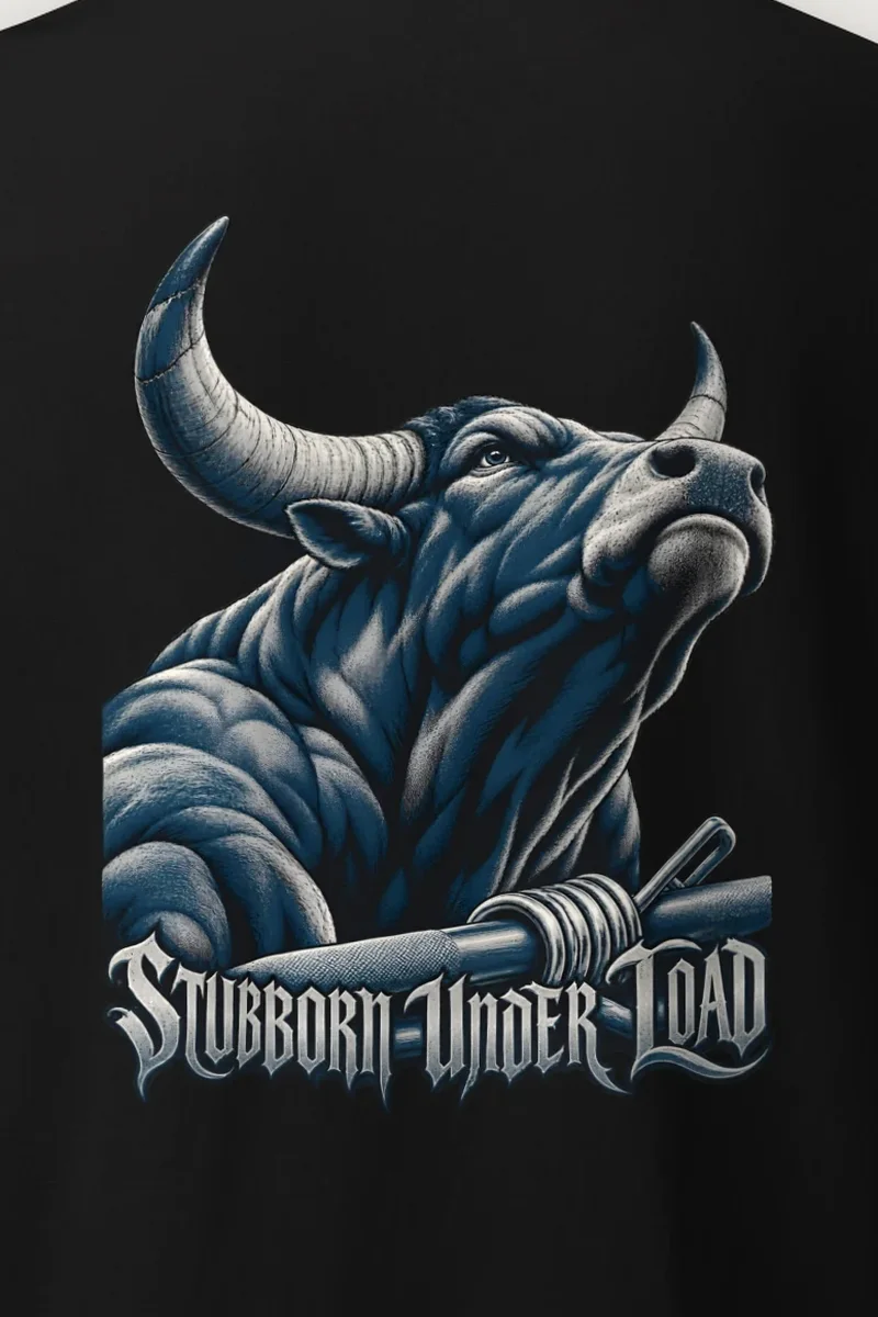 "Stubborn Under Load" Heavyweight Unisex Crewneck T-shirt - the graphic up close