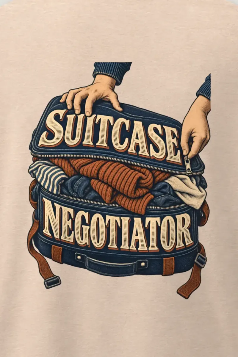 "Suitcase Negotiator" Men’s Oversized Heavyweight Crewneck T-Shirt - the graphic up close