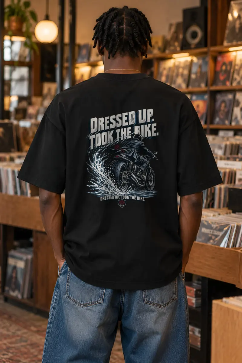 "Suited Motorcycle Rider" Unisex Oversized Heavyweight Crewneck T-Shirt